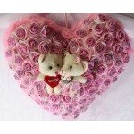 Pink Imported Roses Plush Heart with Cute Love Couple Teddy Bears